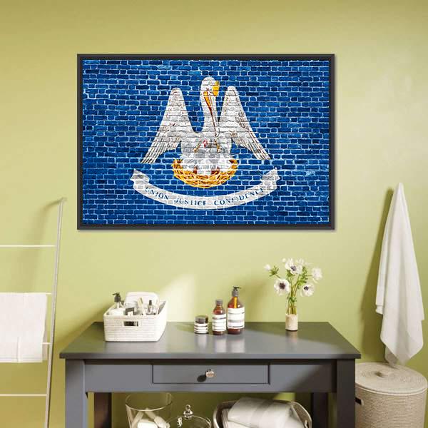 Louisiana Flag On Brick Wall Canvas Wall Art-1 Piece-Floating Frame-24" x 16"-Tiaracle