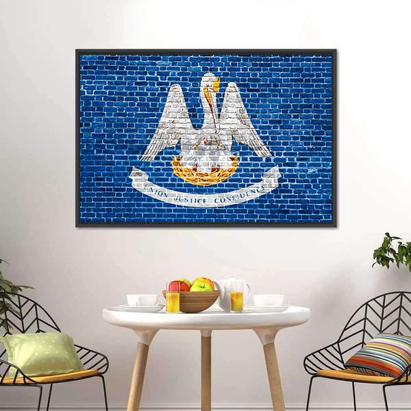 Louisiana Flag On Brick Wall Canvas Wall Art-3 Horizontal-Gallery Wrap-25" x 16"-Tiaracle