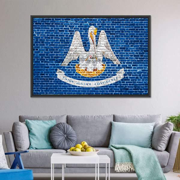 Louisiana Flag On Brick Wall Canvas Wall Art-3 Horizontal-Gallery Wrap-25" x 16"-Tiaracle