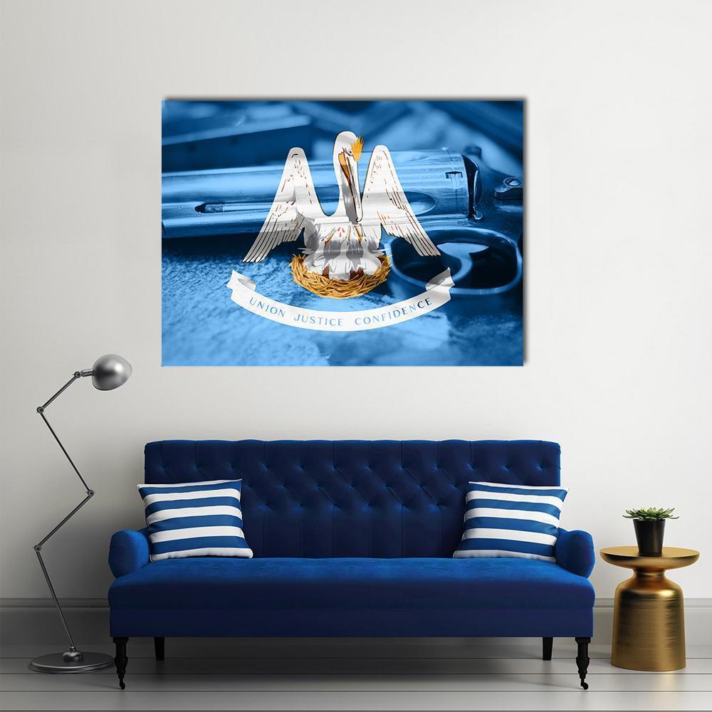 Louisiana State Flag Canvas Wall Art in white, blue and navy, single panel hung on a wall