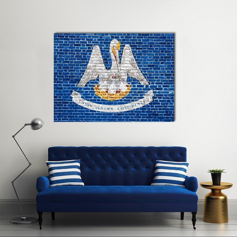 Louisiana State Flag on Blue Brick Canvas Wall Art in white and blue, single panel hung on a wall