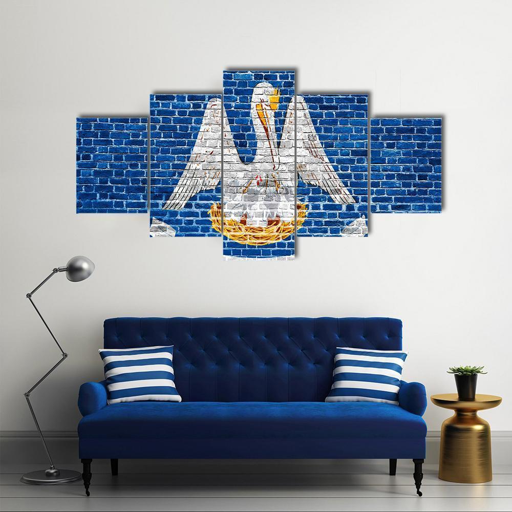 Louisiana Flag On Brick Wall Canvas Wall Art-5 Star-Gallery Wrap-62" x 32"-Tiaracle