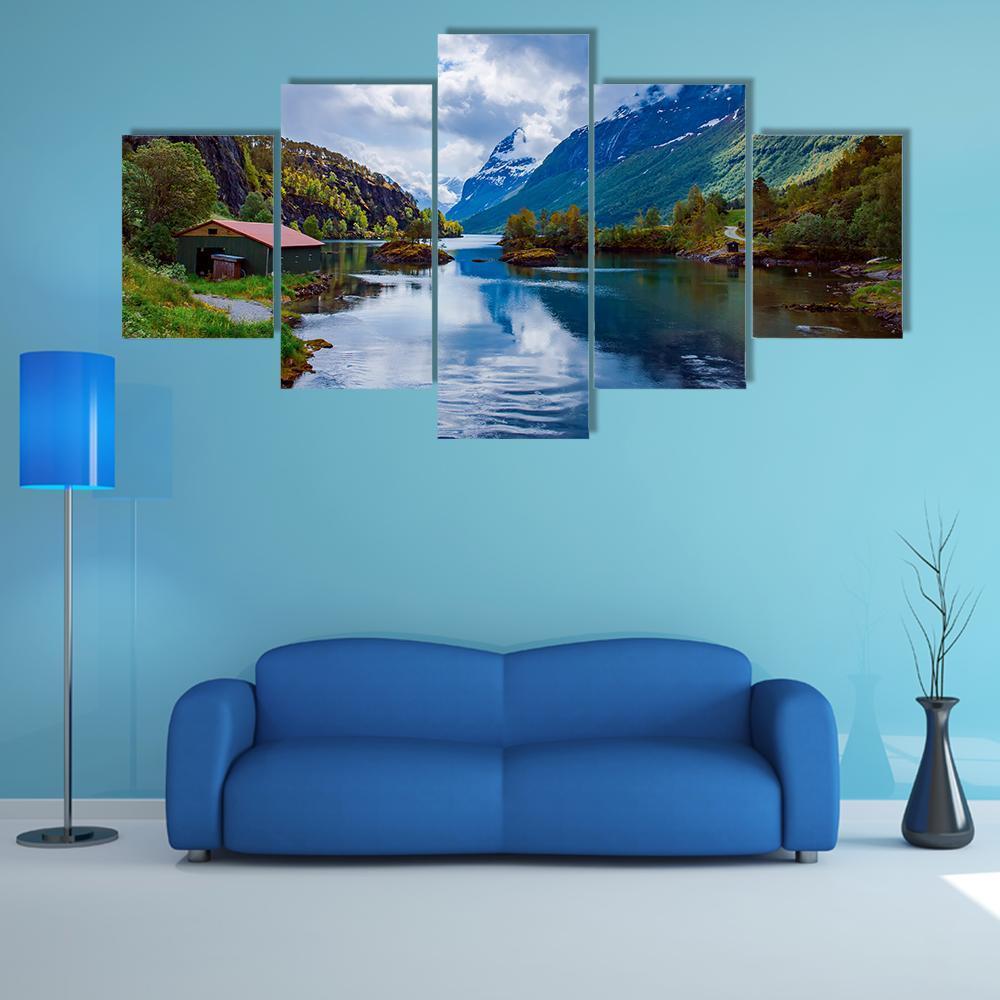 Lovatnet Lake Norway Canvas Wall Art-5 Star-Gallery Wrap-62" x 32"-Tiaracle