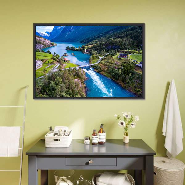 Lovatnet Lake In Norway Vertical Canvas Wall Art-3 Vertical-Gallery Wrap-12" x 25"-Tiaracle