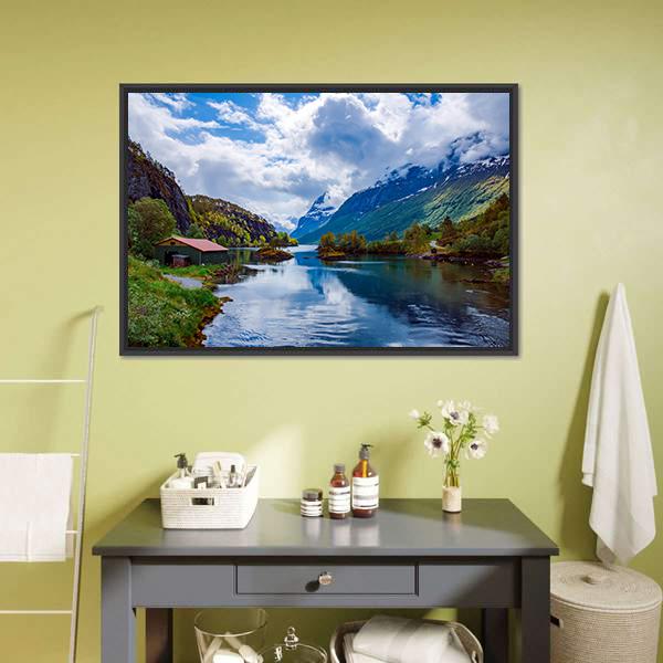 Lovatnet Lake Norway Canvas Wall Art-1 Piece-Floating Frame-24" x 16"-Tiaracle