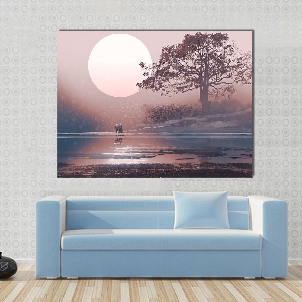 Love Couple In Winter Landscape Canvas Wall Art-1 Piece-Gallery Wrap-48" x 32"-Tiaracle