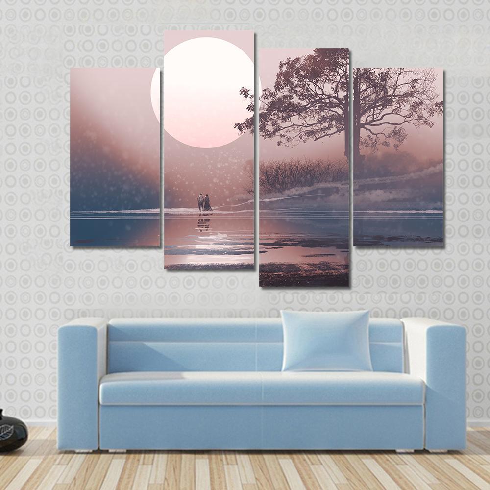 Love Couple In Winter Landscape Canvas Wall Art-4 Pop-Gallery Wrap-50" x 32"-Tiaracle