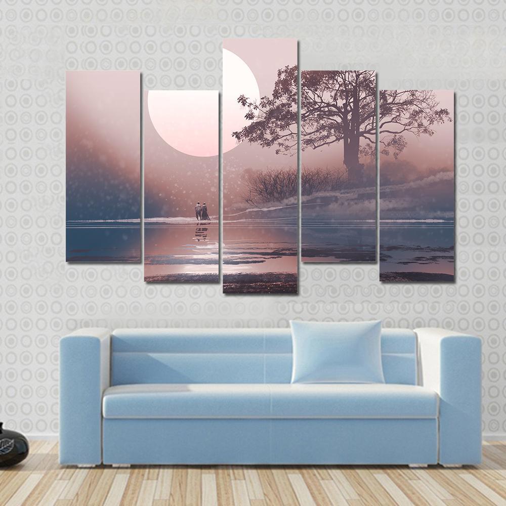 Love Couple In Winter Landscape Canvas Wall Art-5 Pop-Gallery Wrap-47" x 32"-Tiaracle