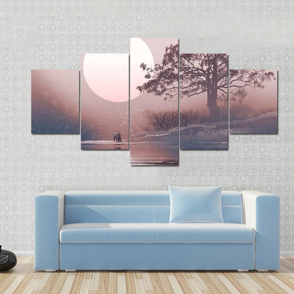 Love Couple In Winter Landscape Canvas Wall Art-5 Star-Gallery Wrap-62" x 32"-Tiaracle