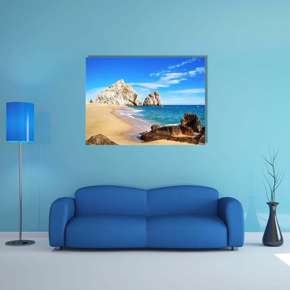 Lovers Beach Mexico Canvas Wall Art in beige, yellow and blue, single panel hung on a wall