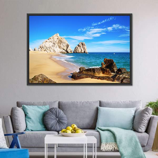 Lovers Beach Mexico Canvas Wall Art in beige, yellow and blue, framed canvas, product view on a white background