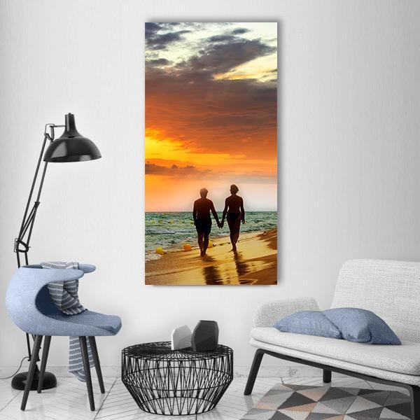 Lovers Walk On Beach Vertical Canvas Wall Art-3 Vertical-Gallery Wrap-12" x 25"-Tiaracle