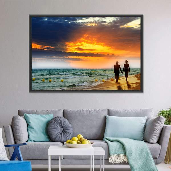 Lovers Walk On Beach Vertical Canvas Wall Art-3 Vertical-Gallery Wrap-12" x 25"-Tiaracle