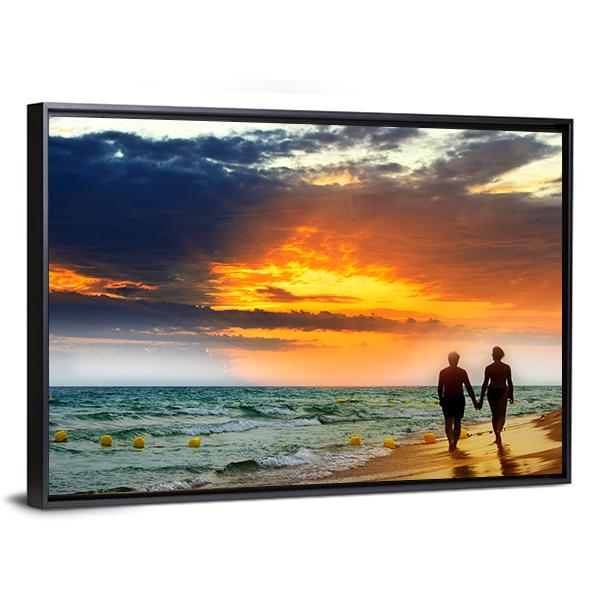 Lovers Walk On Beach Vertical Canvas Wall Art-3 Vertical-Gallery Wrap-12" x 25"-Tiaracle