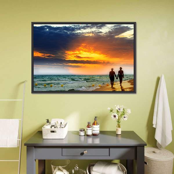 Lovers Walk On Beach Vertical Canvas Wall Art-3 Vertical-Gallery Wrap-12" x 25"-Tiaracle