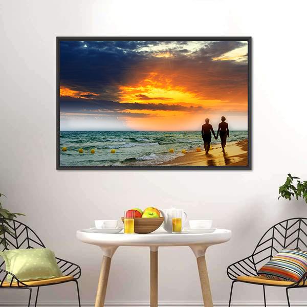 Lovers Walk On Beach Vertical Canvas Wall Art-3 Vertical-Gallery Wrap-12" x 25"-Tiaracle