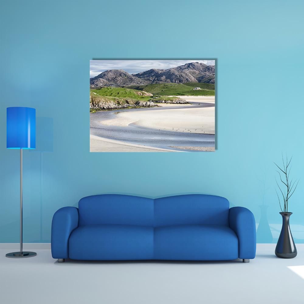 Low Tide at Uig Beach Canvas Wall Art in beige, green and blue, single panel hung on a wall