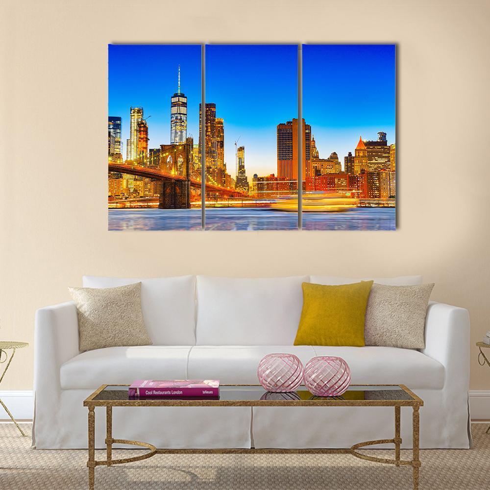 Lower Manhattan & Brooklyn Bridge Canvas Wall Art-3 Horizontal-Gallery Wrap-37" x 24"-Tiaracle