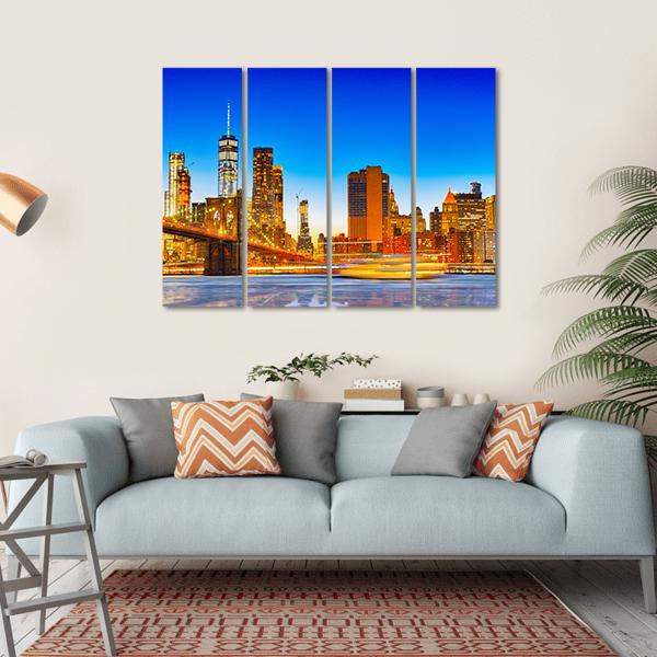 Lower Manhattan & Brooklyn Bridge Canvas Wall Art-4 Horizontal-Gallery Wrap-34" x 24"-Tiaracle