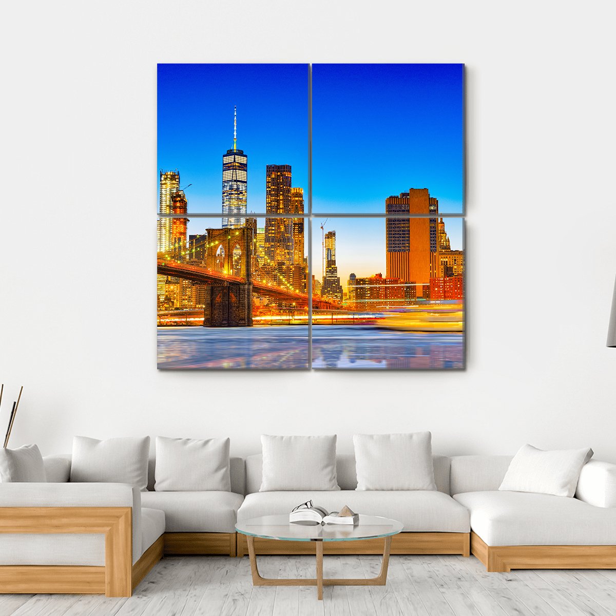 Lower Manhattan & Brooklyn Bridge Canvas Wall Art-4 Square-Gallery Wrap-17" x 17"-Tiaracle