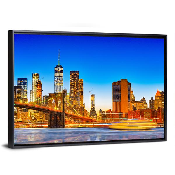Lower Manhattan & Brooklyn Bridge Canvas Wall Art-3 Horizontal-Gallery Wrap-25" x 16"-Tiaracle
