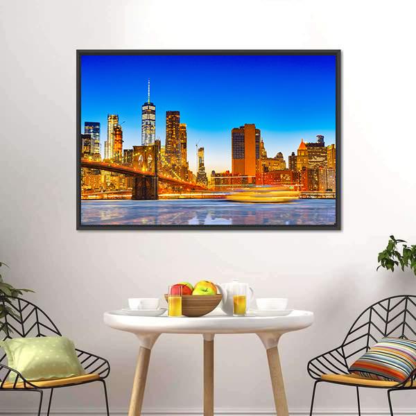 Lower Manhattan & Brooklyn Bridge Canvas Wall Art-5 Horizontal-Gallery Wrap-22" x 12"-Tiaracle