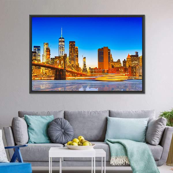 Lower Manhattan & Brooklyn Bridge Canvas Wall Art-3 Horizontal-Gallery Wrap-25" x 16"-Tiaracle