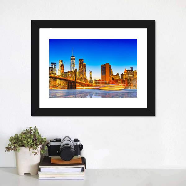 Lower Manhattan &amp; Brooklyn Bridge Canvas Wall Art-1 Piece-Framed Print-20" x 16"-Tiaracle