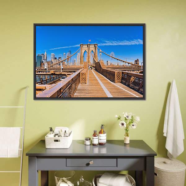Lower Manhattan from Brooklyn Bridge Canvas Wall Art in beige, brown and blue, framed canvas, product view on a white background