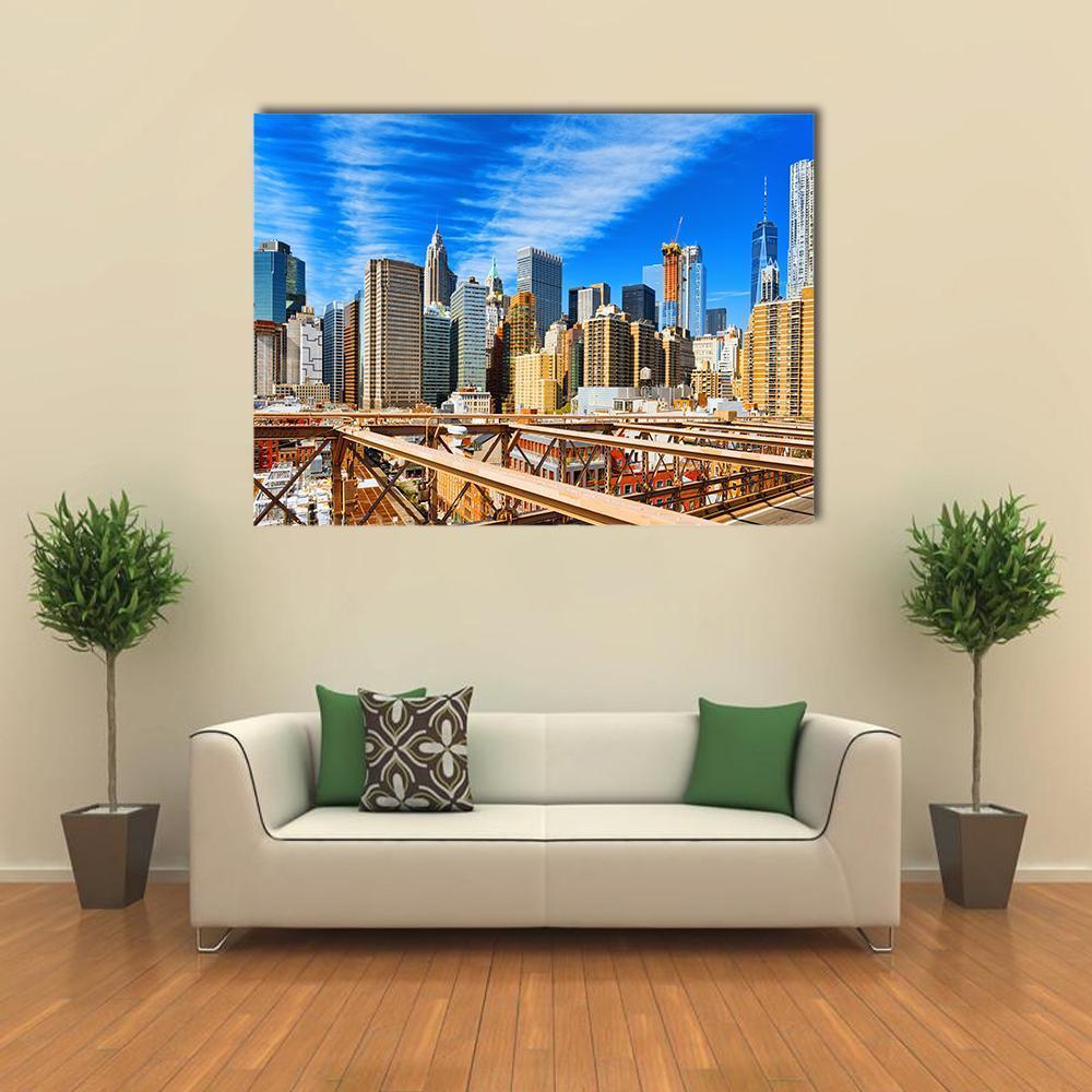 Downtown Manhattan From Brooklyn Bridge Canvas Wall Art-1 Piece-Gallery Wrap-48" x 32"-Tiaracle