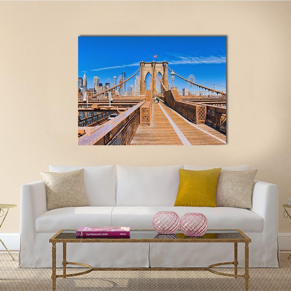 Lower Manhattan from Brooklyn Bridge Canvas Wall Art in beige, brown and blue, single panel hung on a wall