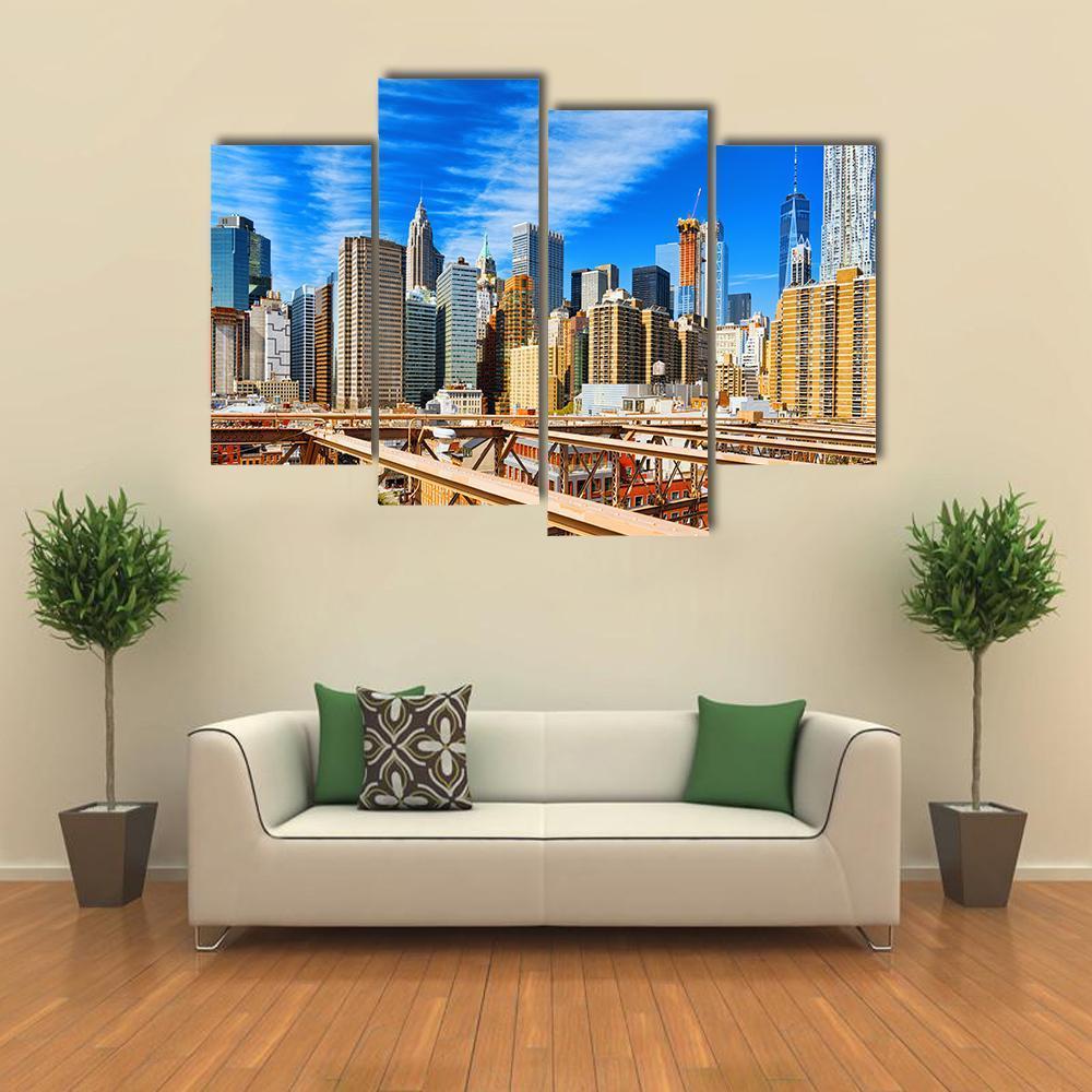 Downtown Manhattan From Brooklyn Bridge Canvas Wall Art-4 Pop-Gallery Wrap-50" x 32"-Tiaracle