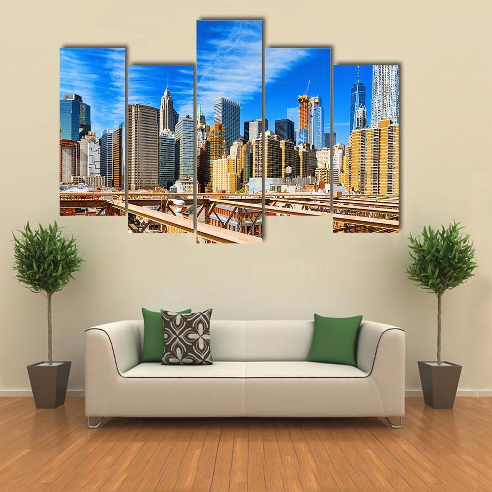 Downtown Manhattan From Brooklyn Bridge Canvas Wall Art-5 Pop-Gallery Wrap-47" x 32"-Tiaracle