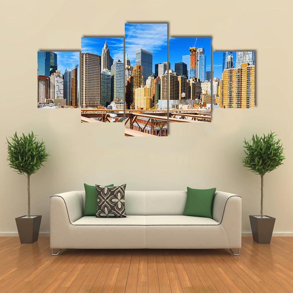 Downtown Manhattan From Brooklyn Bridge Canvas Wall Art-5 Star-Gallery Wrap-62" x 32"-Tiaracle