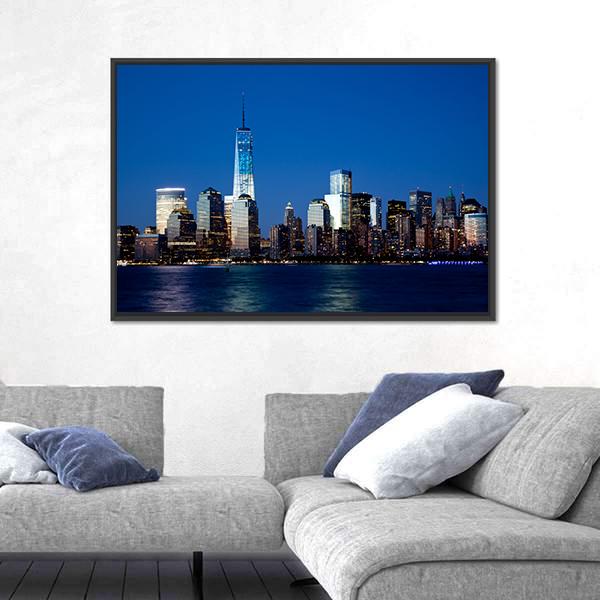 Lower Manhattan Skyline At Night Canvas Wall Art-1 Piece-Floating Frame-24" x 16"-Tiaracle