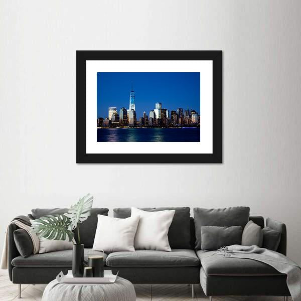 Lower Manhattan Skyline At Night Canvas Wall Art-1 Piece-Framed Print-20" x 16"-Tiaracle