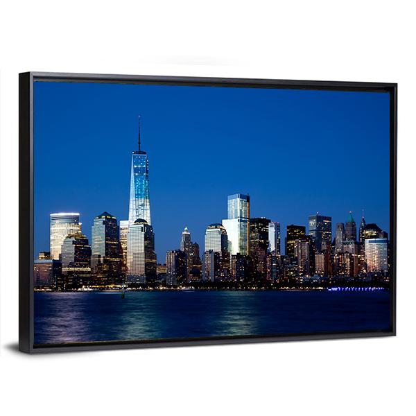 Lower Manhattan Skyline At Night Canvas Wall Art-3 Horizontal-Gallery Wrap-25" x 16"-Tiaracle