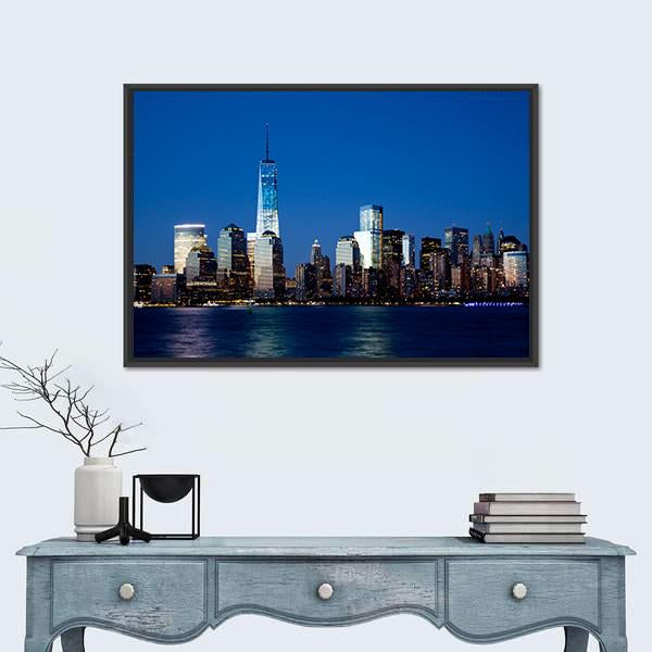 Lower Manhattan Skyline At Night Canvas Wall Art-3 Horizontal-Gallery Wrap-25" x 16"-Tiaracle
