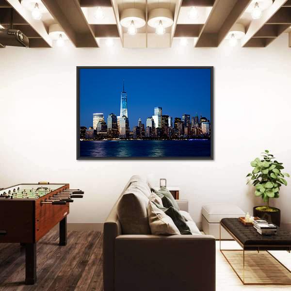 Lower Manhattan Skyline At Night Canvas Wall Art-3 Horizontal-Gallery Wrap-25" x 16"-Tiaracle