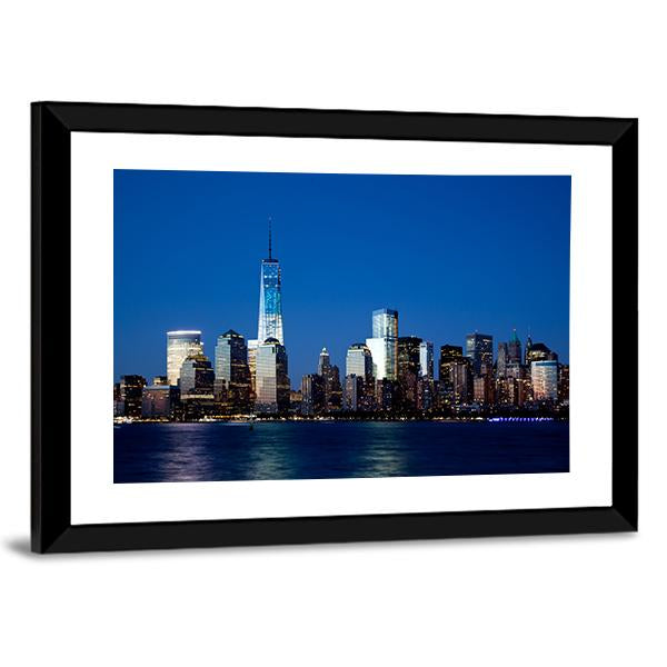Lower Manhattan Skyline At Night Canvas Wall Art-3 Horizontal-Gallery Wrap-25" x 16"-Tiaracle