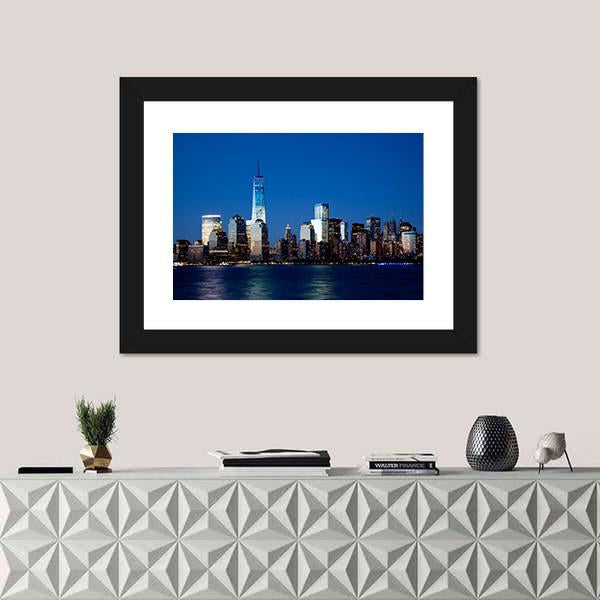 Lower Manhattan Skyline At Night Canvas Wall Art-3 Horizontal-Gallery Wrap-25" x 16"-Tiaracle