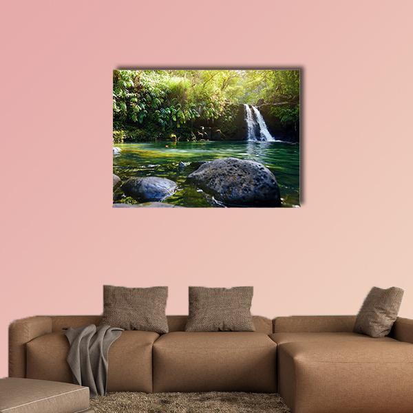 Lower Waikamoi Falls Canvas Wall Art in brown, green and blue, single panel hung on a wall