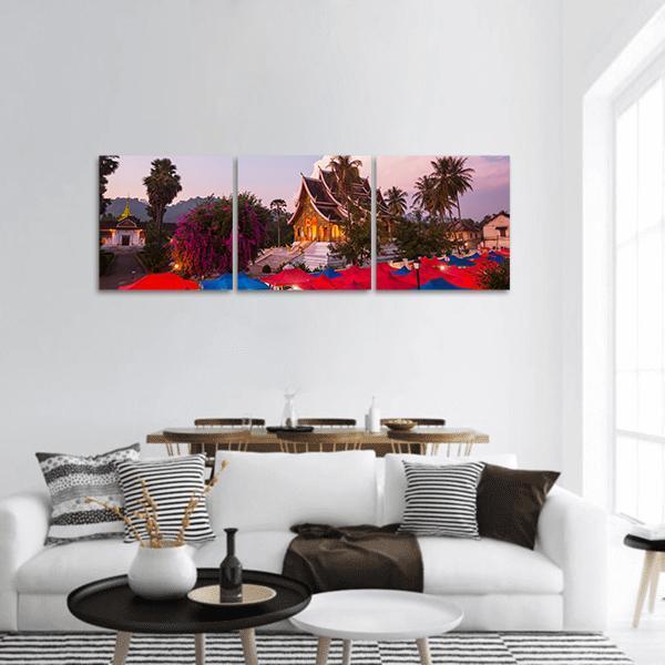 Market In Luang Prabang Panoramic Canvas Wall Art-3 Piece-25" x 08"-Tiaracle