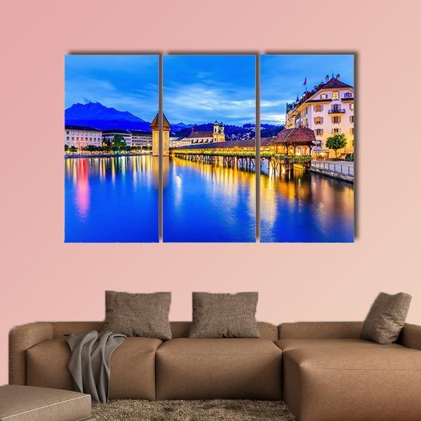 Chapel Bridge In Evening Canvas Wall Art-3 Horizontal-Gallery Wrap-25" x 16"-Tiaracle