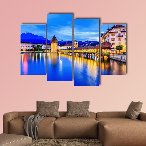 Chapel Bridge In Evening Canvas Wall Art-4 Pop-Gallery Wrap-50" x 32"-Tiaracle