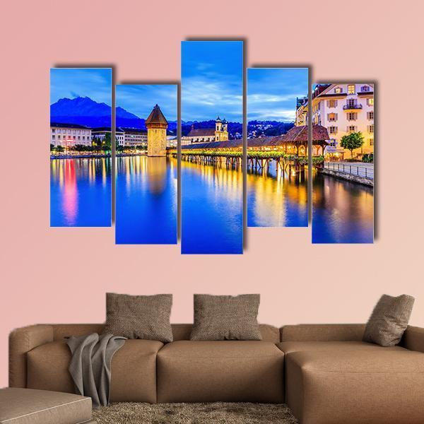 Chapel Bridge In Evening Canvas Wall Art-5 Pop-Gallery Wrap-47" x 32"-Tiaracle