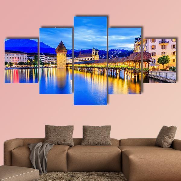Chapel Bridge In Evening Canvas Wall Art-5 Star-Gallery Wrap-62" x 32"-Tiaracle