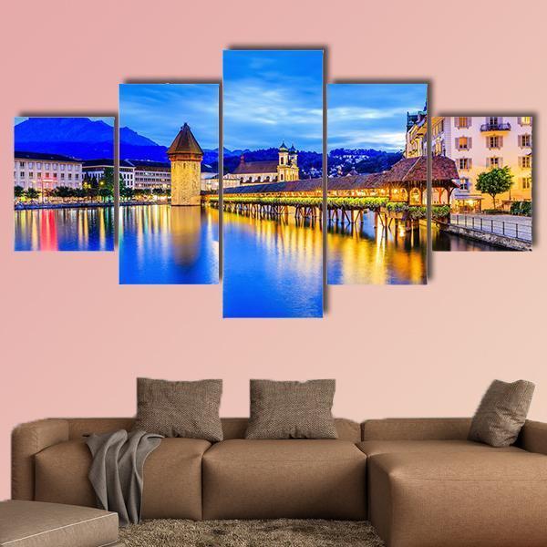 Chapel Bridge In Evening Canvas Wall Art-4 Pop-Gallery Wrap-50" x 32"-Tiaracle