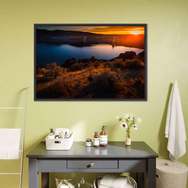 Lucky Peak Lake At Sunset Canvas Wall Art-1 Piece-Floating Frame-24" x 16"-Tiaracle