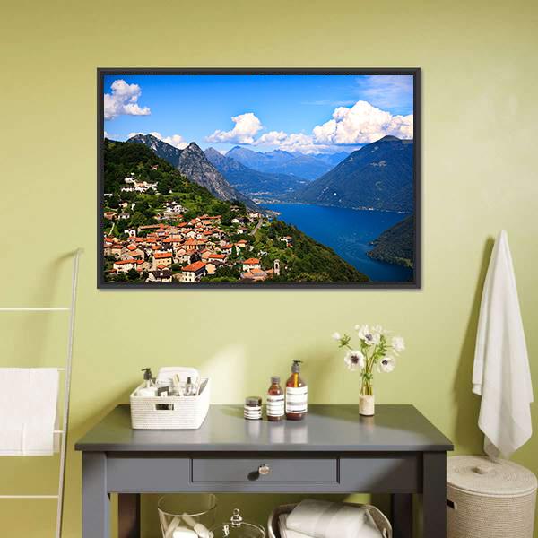 Lugano City With Lake Canvas Wall Art-1 Piece-Floating Frame-24" x 16"-Tiaracle
